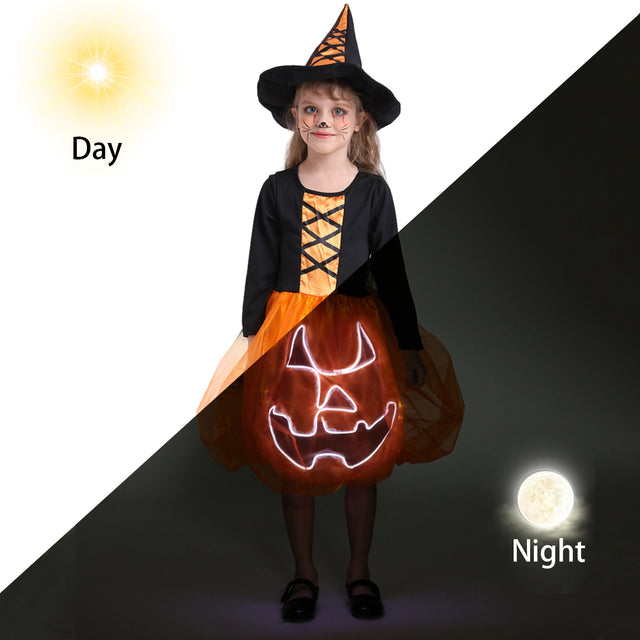 Halloween Light Up Pumpkin Witch Dress Girls,Cosplay Party Pumpkin Witch Costume with Hat for Kids,Orange Witch Outfit