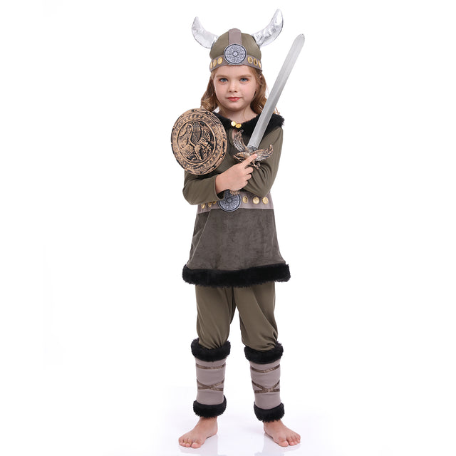 Unisex Vikings Warrior Costume for Kid, Scandinavian Pirate Outfit, Old Norse Raider Cosplay