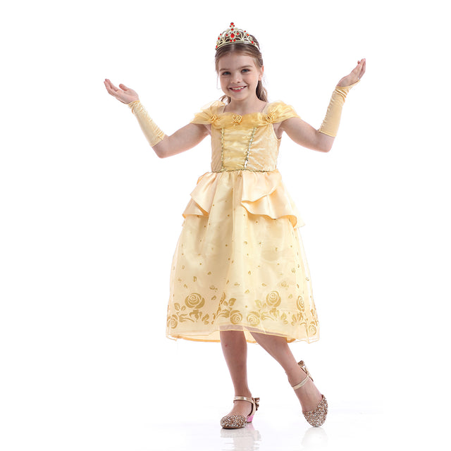 Yellow Princess Dress Girls With Accessories, Wedding Party Bridesmaid Off Shoulder Costume Girl, Halloween Long Dress Kids