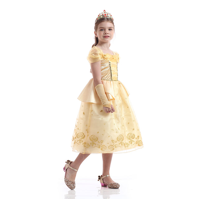 Yellow Princess Dress Girls With Accessories, Wedding Party Bridesmaid Off Shoulder Costume Girl, Halloween Long Dress Kids