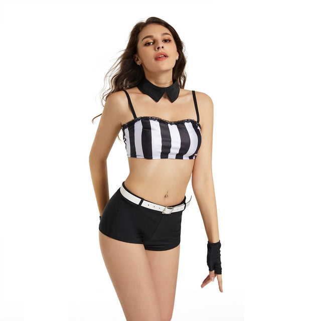 Black & White Stripe Sexy Referee Costume for Women,Halloween No Rules Roleplay,Fantasy Foul Cosplay