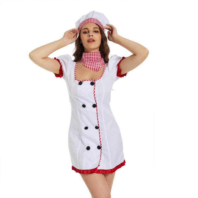 Chef Costume for Women, Short Sleeve Chef Dress, 3 piece White Chef Coat with Hat, Scarf