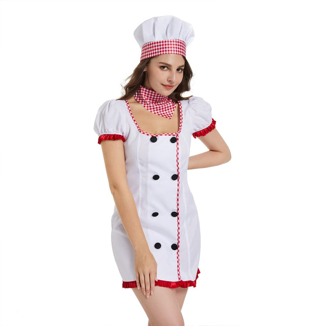 Chef Costume for Women, Short Sleeve Chef Dress, 3 piece White Chef Coat with Hat, Scarf