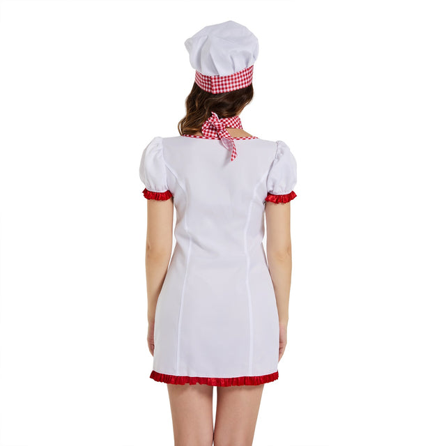 Chef Costume for Women, Short Sleeve Chef Dress, 3 piece White Chef Coat with Hat, Scarf
