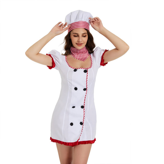 Chef Costume for Women, Short Sleeve Chef Dress, 3 piece White Chef Coat with Hat, Scarf