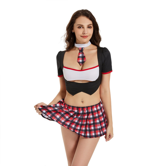 Sexy Schoolgirl Costume for Women,Hottie Student Roleplay Set,Naughty Lingerie with Plaid Skirt White Crop Top Tie