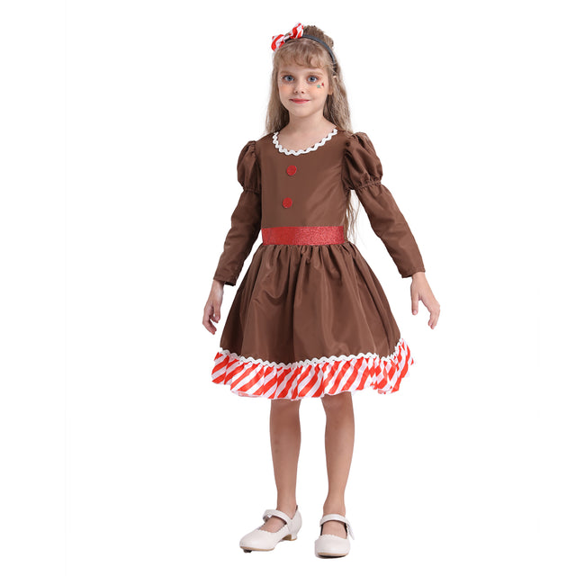 Gingerbread Man Dress Girls for Christmas, Brown Gingerbread Costume Kids for Halloween Cosplay Party with Headband