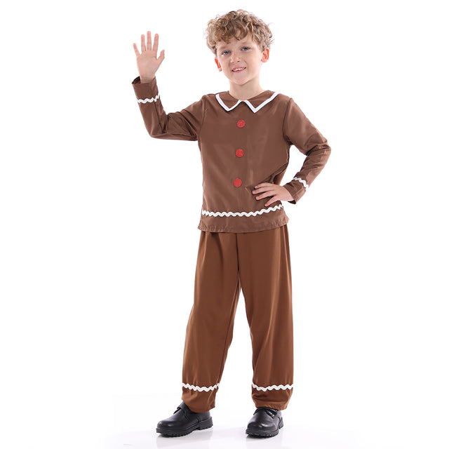 Gingerbread Man Costume Kids for Christmas, Brown Gingerbread Elves Split Suit Boys for Halloween Cosplay Party