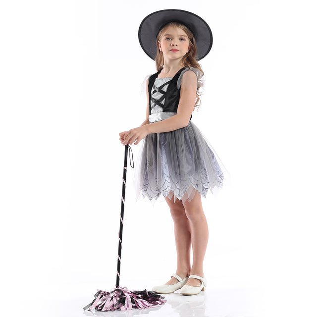 Halloween Spider Witch Costume With Hat Girls,Fancy Party Princess Dress Girl, Grey Spider Cosplay Outfit Kids