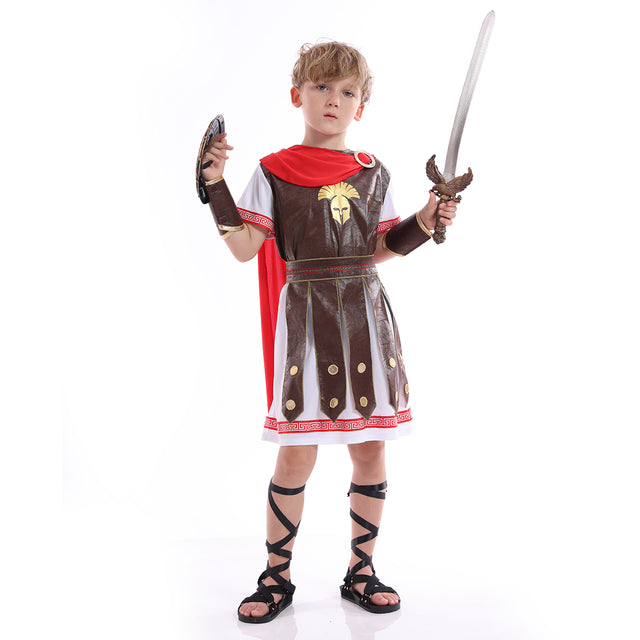 Roman Gladiator Costume Kids,Spartan Warriors Costumes For Child,Fearless Soldier Helmet with Red Cape outfit Boys,Khaki