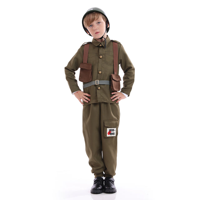 Army Soldier Costume Kids,Unisex WWII Soldier Dress Up with Hat,Halloween Cosplay Outfit,Khaki