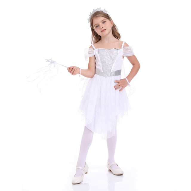 Party Wedding Dress Girls, Flower Princess Dresses Kids,Flutter Sleevel Dance Costume,Formal Outfit,White
