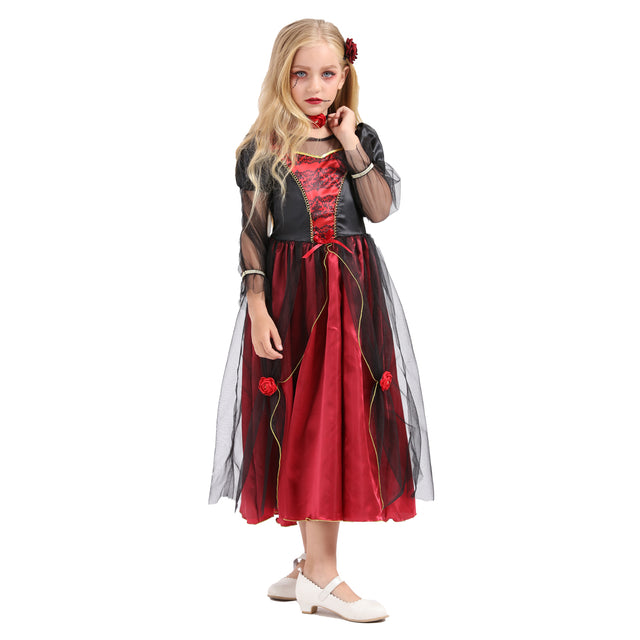 Halloween Royal Vampire Costume Girls,Deluxe Gothic Vampire's Outfit Kids,Victorian Queen Dress Girl with Accessories