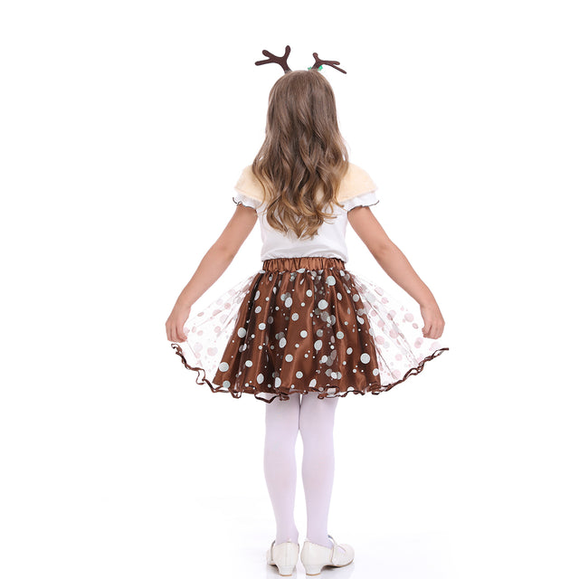 Reindeer TuTu Dress Girls with Antlers Headband for Christmas Cosplay Party,Animals Brown Deer Costume with Horn Girl