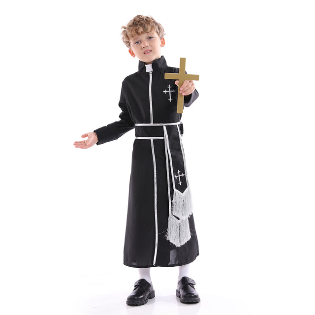 Priest Costume Kids for Halloween Party, Biblical Outfit with Belt Boys,Child’s Bible Dress Up, Clergyman Minister Set Boy