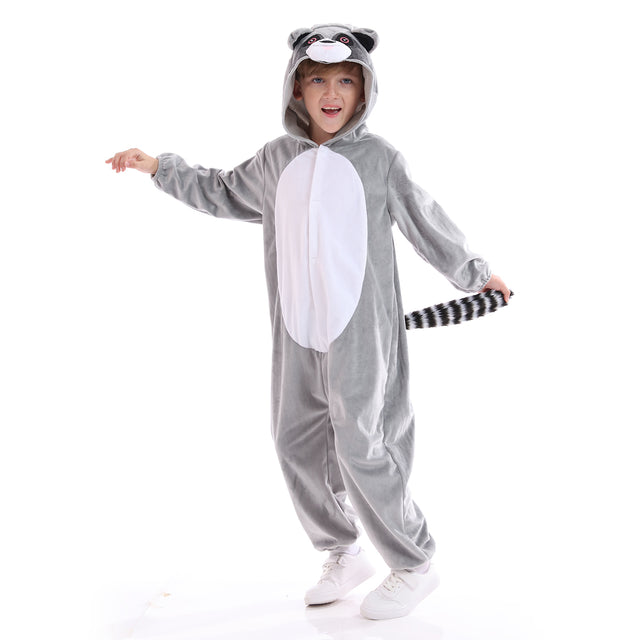 Unisex Halloween Sweet Raccoon Cosplay Costume Kids,Children Animal One-piece Pyjamas with Tail,Christmas Party Dress Up,Grey