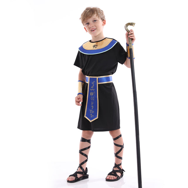 Pharaoh Costume Boys,Historical King Of Egypt Outfit Kids,Priest Cosplay Roleplay Fancy Dress For Child,Black,Blue