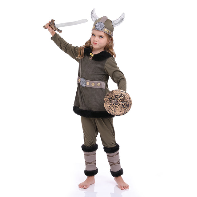 Unisex Vikings Warrior Costume for Kid, Scandinavian Pirate Outfit, Old Norse Raider Cosplay