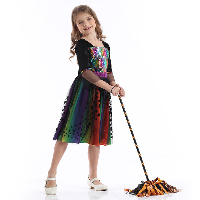 Rainbow Witch Costume with Hat Girls, Glitter Star Princess Dress Girl, Fairytale Pretend Set Kids