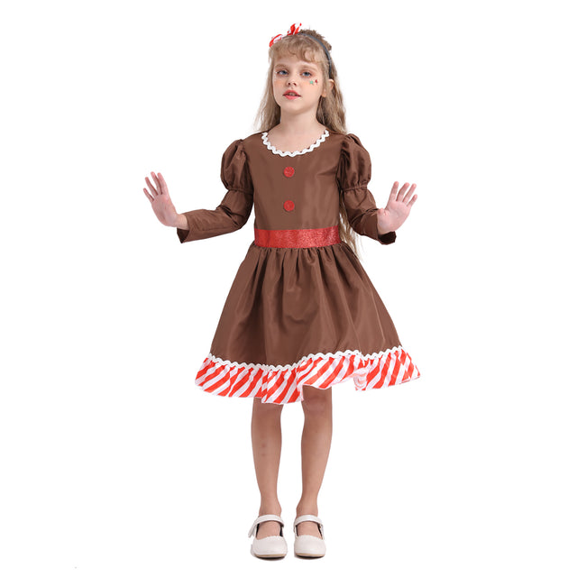 Gingerbread Man Dress Girls for Christmas, Brown Gingerbread Costume Kids for Halloween Cosplay Party with Headband