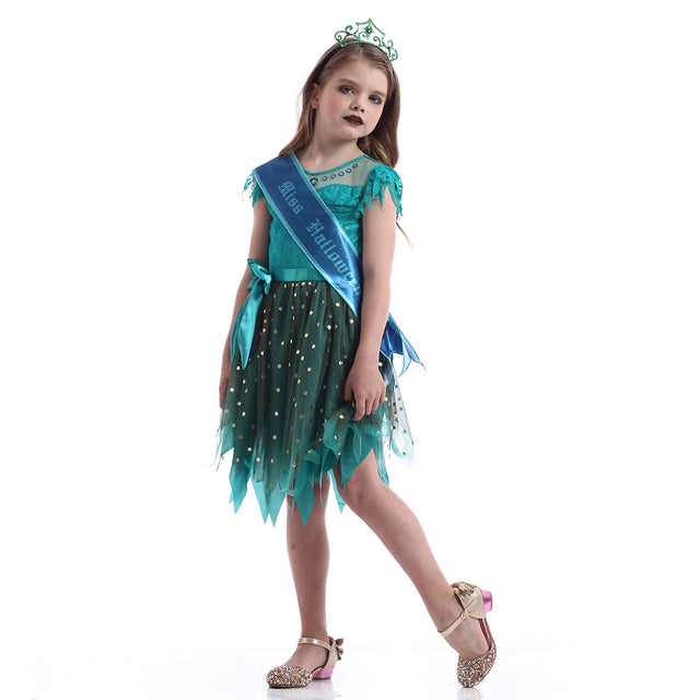Storybook Green Witch Costume Girls,Halloween Cosplay Party Dress With Accessories Kids,Fairytale Wizard Witch Set Children