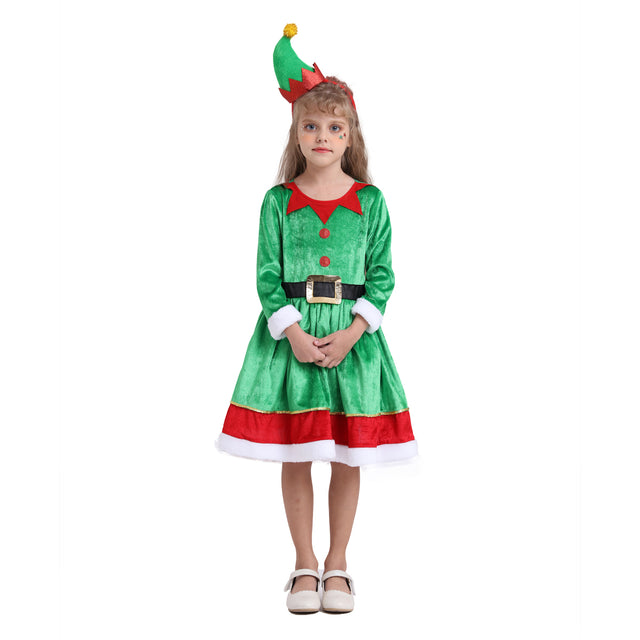 Santa Elf Costume with Hat Headband Girls for Christmas, Green Santa Elf Dress Kids for Cosplay Party
