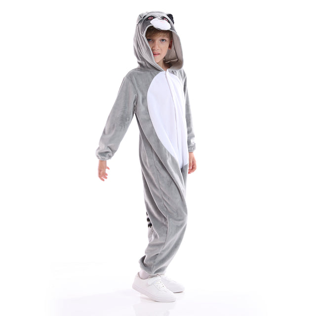Unisex Halloween Sweet Raccoon Cosplay Costume Kids,Children Animal One-piece Pyjamas with Tail,Christmas Party Dress Up,Grey