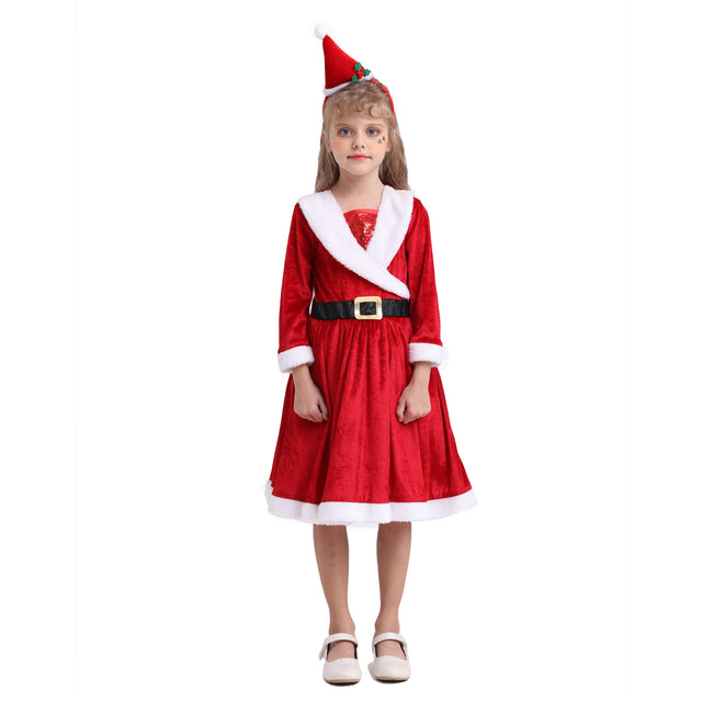 Christmas Santa Dress Girls for Cosplay Party，Red Classic Sweetie Santa Costume with Hat Headband