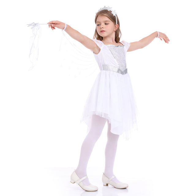 Party Wedding Dress Girls, Flower Princess Dresses Kids,Flutter Sleevel Dance Costume,Formal Outfit,White