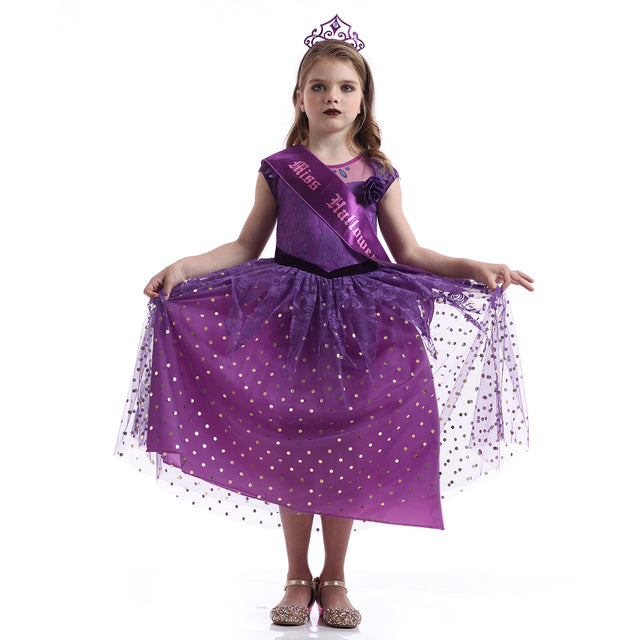 Halloween Witch Costume with Accessories Girls,Fairytale Storybook Purple Outfit Girl,Cosplay Fancy Party Dress Kids