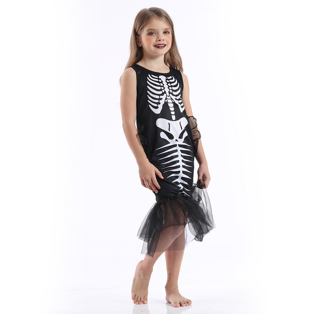 Girl's Mermaid Skeleton Costume,Halloween Black Dress Girls with Little Wings,Dark Spooky Outfit Kids