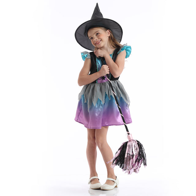 Halloween Star Witch Costume with Hat Girls,Fancy Party Dress Kids, Storybook Cosplay Outfit, Gradient Wizard Set Girl