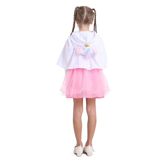 Unicorn Hooded Cape Costume with Dress Girls,Rainbow Unicorn Princess Cloak Dresses for Birthday Party Kids,White
