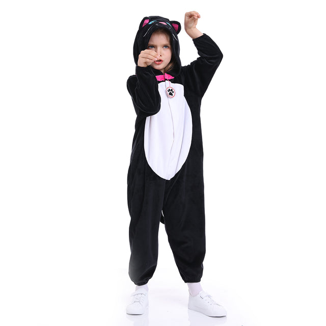 Animals Kitty Cosplay Costume Unisex kids, Plush Black Cat Jumpsuit Pajamas Child for Halloween Christmas Party