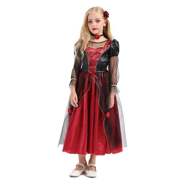 Halloween Royal Vampire Costume Girls,Deluxe Gothic Vampire's Outfit Kids,Victorian Queen Dress Girl with Accessories