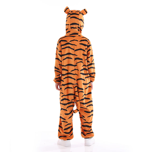 Tiger Hooded Costume for Unisex Kids, Halloween Animals Cosplay Jumpsuit Pajamas, Plush Autumn Winter Yellow Sleepwear