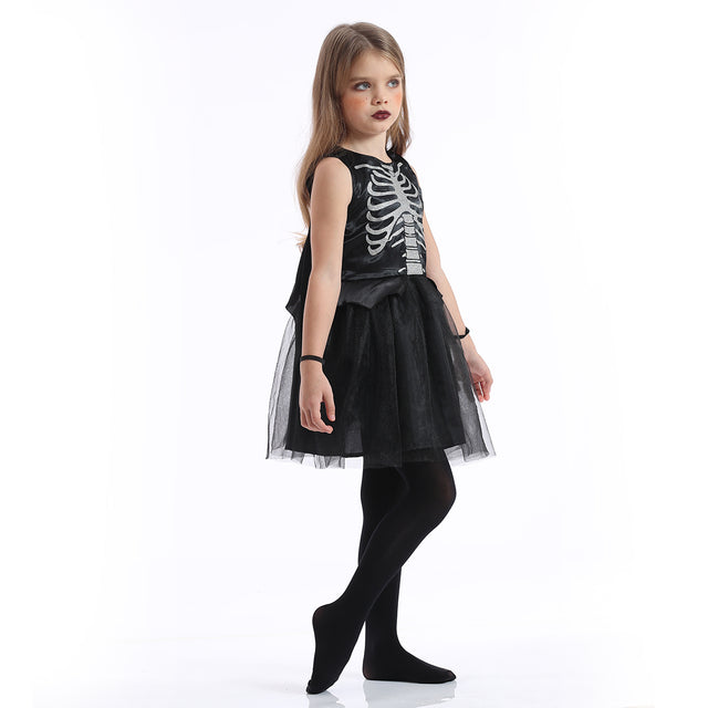 Halloween Skeleton Costume Kids, Bat Dress with Wings Girls,Cosplay Party Carnival Black Set for Children