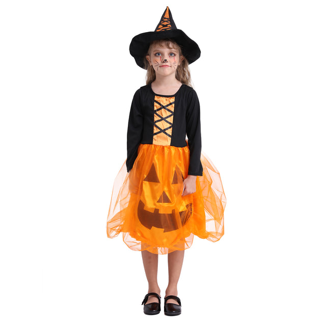 Halloween Light Up Pumpkin Witch Dress Girls,Cosplay Party Pumpkin Witch Costume with Hat for Kids,Orange Witch Outfit