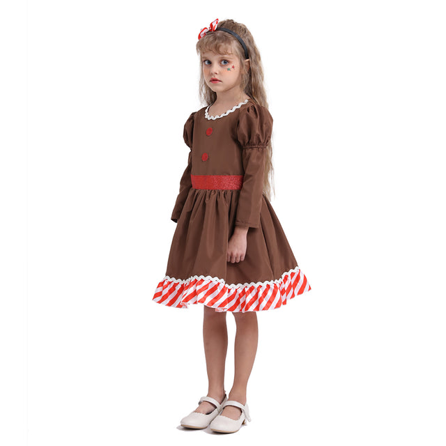 Gingerbread Man Dress Girls for Christmas, Brown Gingerbread Costume Kids for Halloween Cosplay Party with Headband