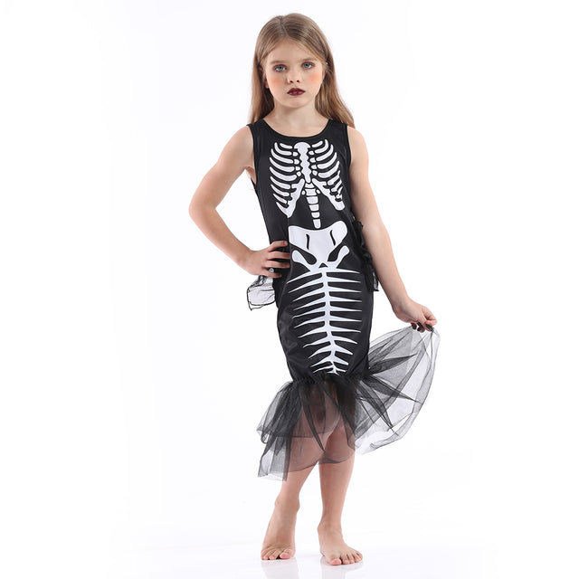 Girl's Mermaid Skeleton Costume，Halloween Black Dress Girls with Little Wings，Dark Spooky Outfit Kids