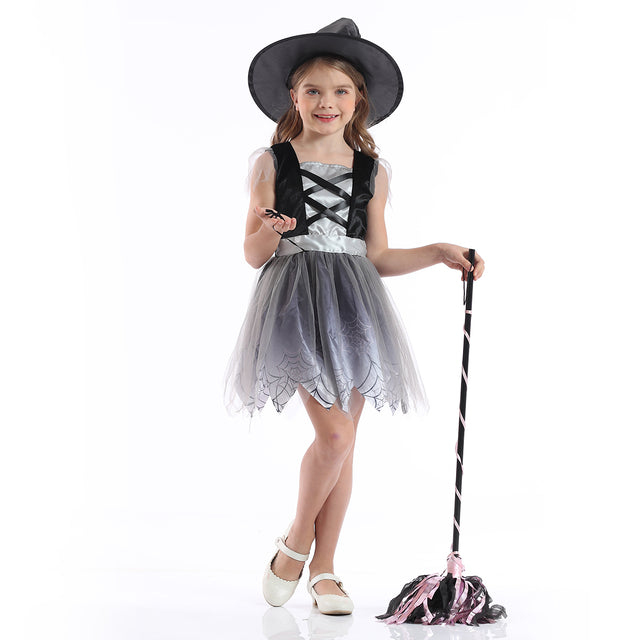 Halloween Spider Witch Costume With Hat Girls,Fancy Party Princess Dress Girl, Grey Spider Cosplay Outfit Kids