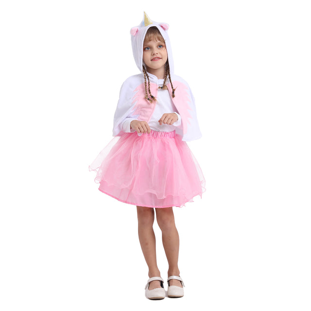 Unicorn Hooded Cape Costume with Dress Girls,Rainbow Unicorn Princess Cloak Dresses for Birthday Party Kids,White