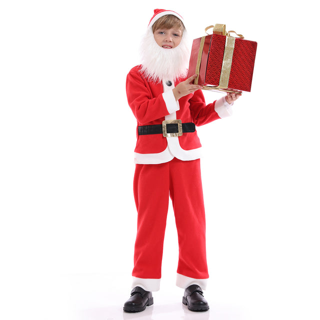 Deluxe Santa Claus Costume with Beard Kids for Christmas Cosplay Party,Classic Plush Santa Suit Boys with Hat