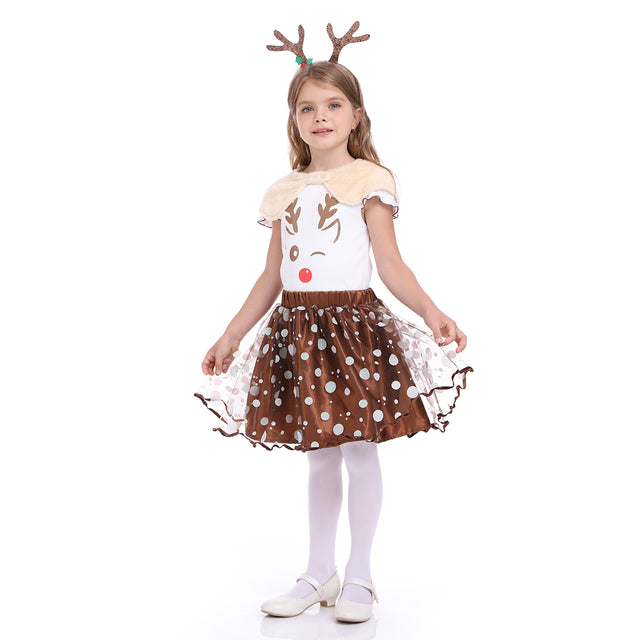 Reindeer TuTu Dress Girls with Antlers Headband for Christmas Cosplay Party,Animals Brown Deer Costume with Horn Girl