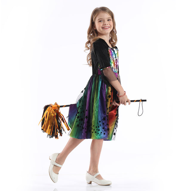 Rainbow Witch Costume with Hat Girls, Glitter Star Princess Dress Girl, Fairytale Pretend Set Kids