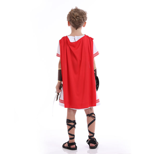 Roman Gladiator Costume Kids,Spartan Warriors Costumes For Child,Fearless Soldier Helmet with Red Cape outfit Boys,Khaki