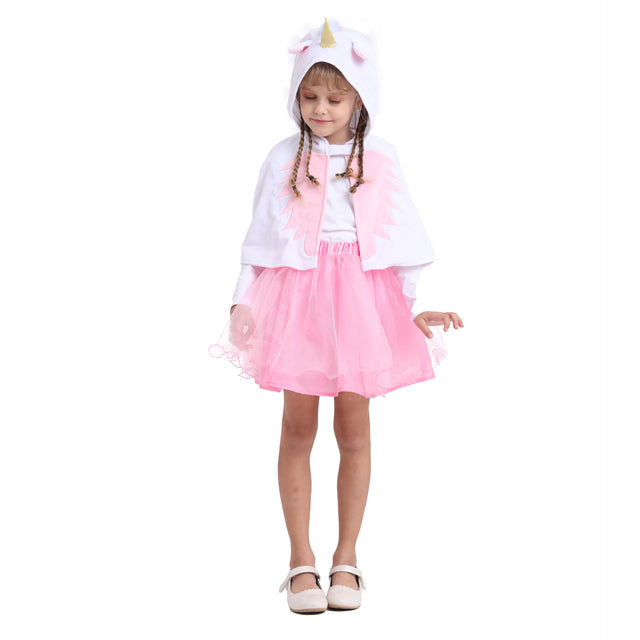 Unicorn Hooded Cape Costume with Dress Girls,Rainbow Unicorn Princess Cloak Dresses for Birthday Party Kids,White