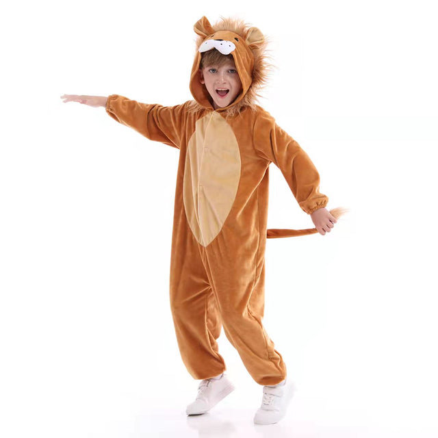 Unisex Lion Costume Kids，Plush Hooded Lion Pajamas Child，Halloween Carnival Lion Kid Jumpsuit Boys & Girls