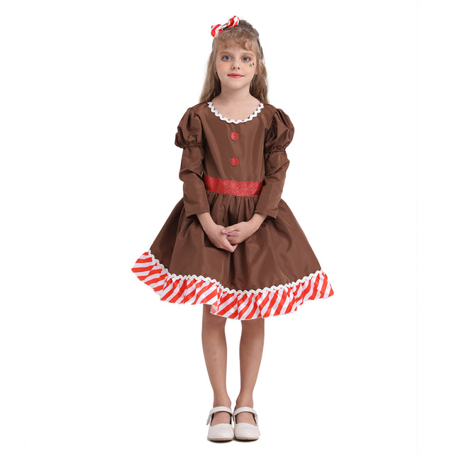 Gingerbread Man Dress Girls for Christmas, Brown Gingerbread Costume Kids for Halloween Cosplay Party with Headband