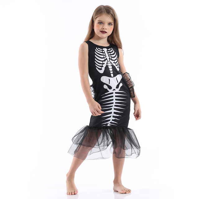 Girl's Mermaid Skeleton Costume,Halloween Black Dress Girls with Little Wings,Dark Spooky Outfit Kids